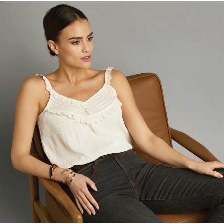 Blouse sans manches crépon plumetis et broderie anglaise