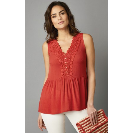 Blouse col V sans manches, crépon macramé