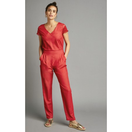 Combi-pantalon finition résille brodée - rouge