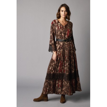 Robe longue imprimée bohème, détails en macramé