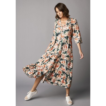 Robe longue en viscose fluide imprimée, entièrement boutonnée