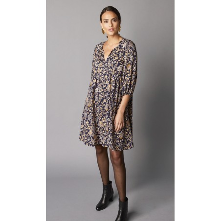 Robe courte imprimée, évasée et fluide avec manches ballon