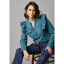 Blouse volantée en broderie anglaise, manches longues élastiquées