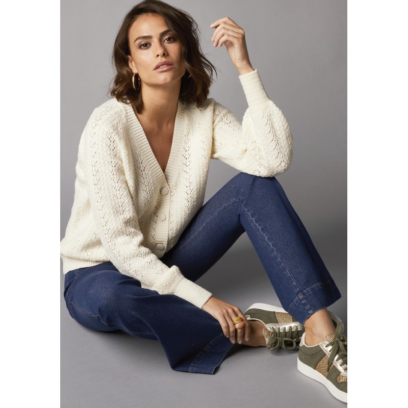 Gilet col V ajouré, manches longues blousantes